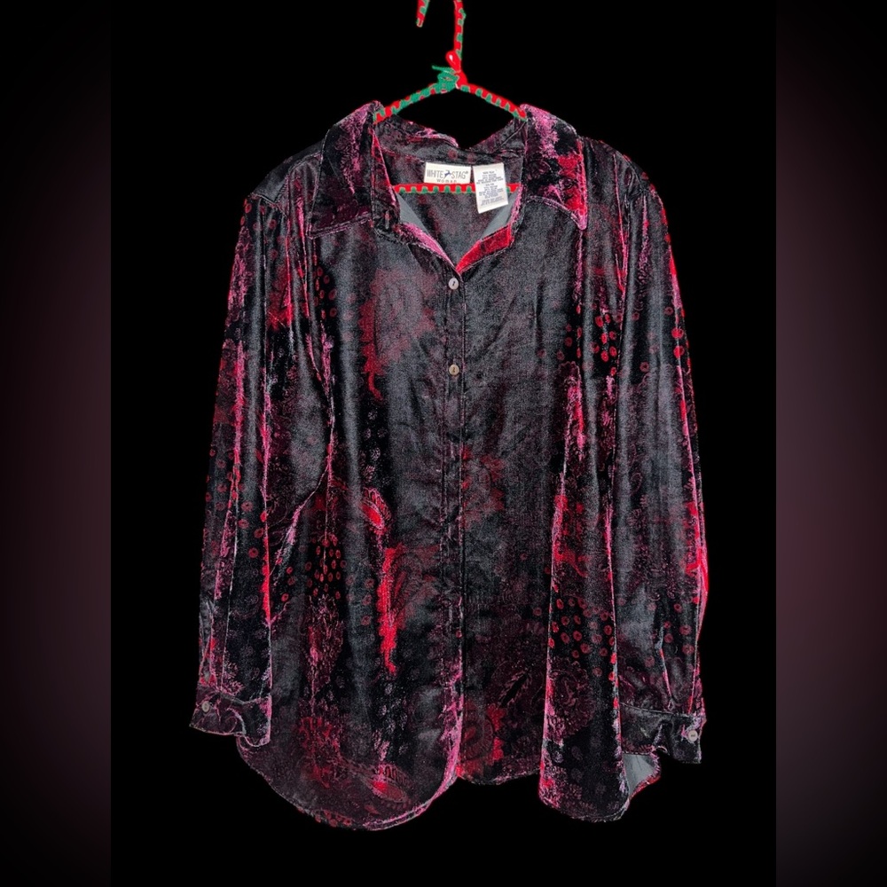 White Stag Womens Button Up Top Plus  14W 16W Burgundy  Velvet Shirt Tunic